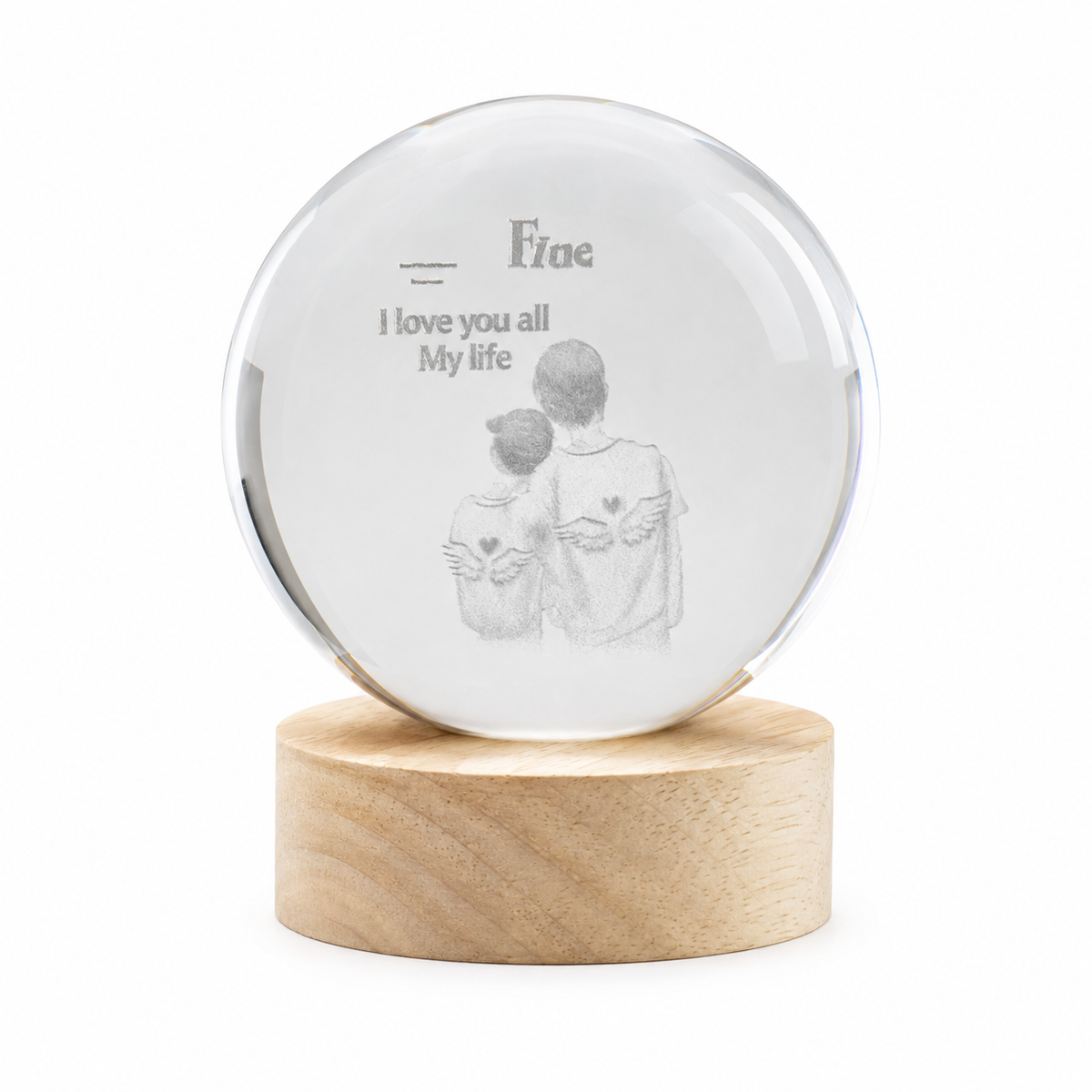 LED Crystal Ball close up showing 3D engraving and wooden base