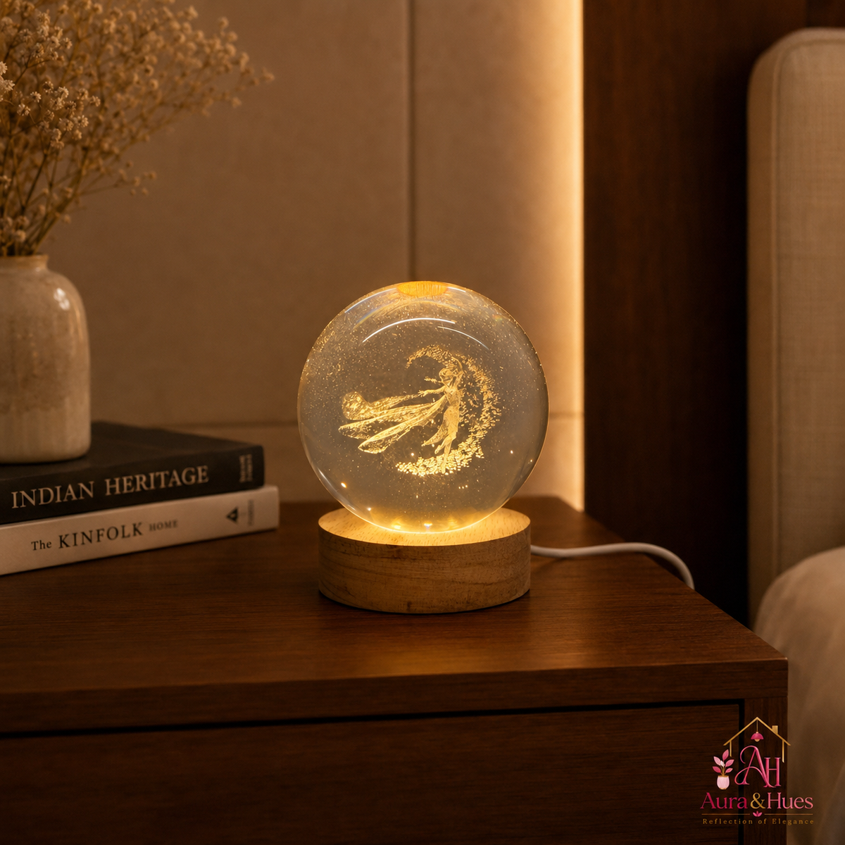 LED Crystal Ball Fairy Lamp glowing in dark background showing crystal clarity
