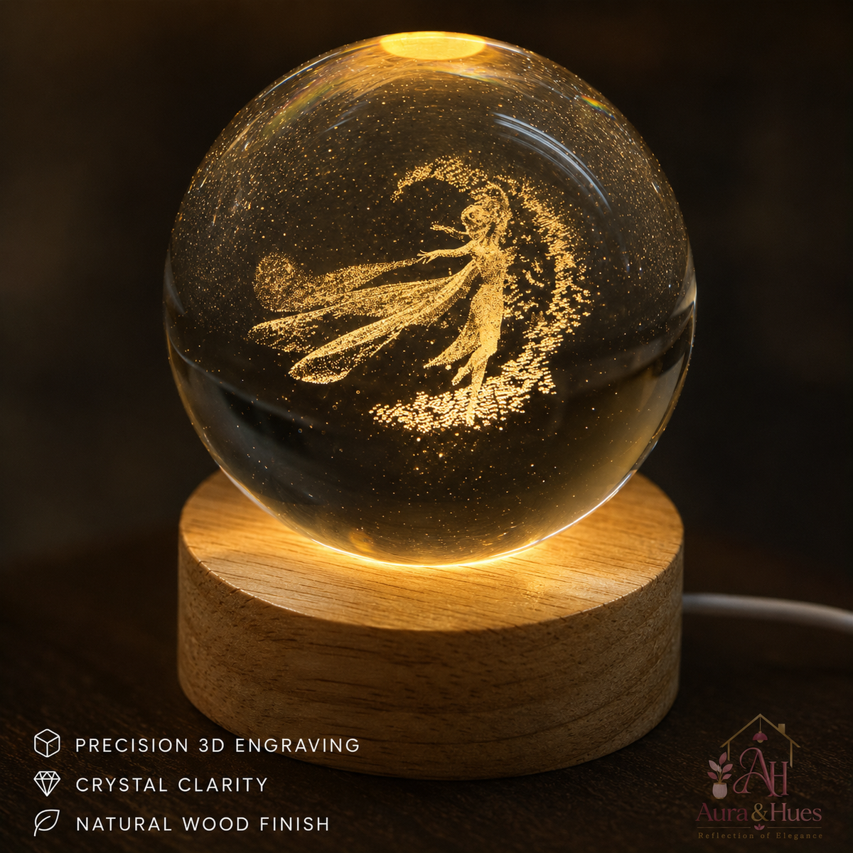 LED Crystal Ball Fairy Lamp dimensions and specifications — 7.5cm diameter, 9cm height