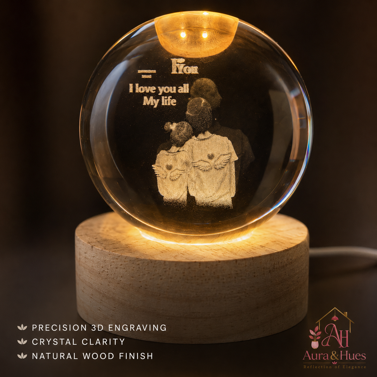 LED Crystal Ball features – 3D engraving, warm LED, wooden base, USB powered