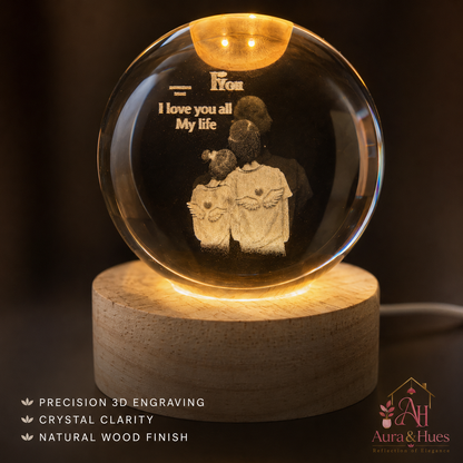 LED Crystal Ball features – 3D engraving, warm LED, wooden base, USB powered