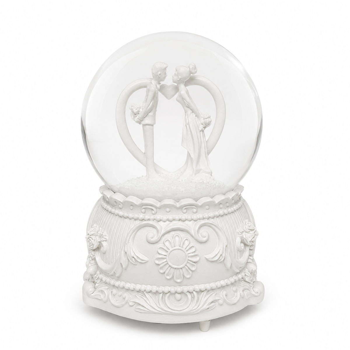 Wedding couple snow globe – white resin base with sculpted finish, Aura & Hues