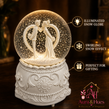 Illuminated snow globe with LED light and swirling snow effect in warm ambiance