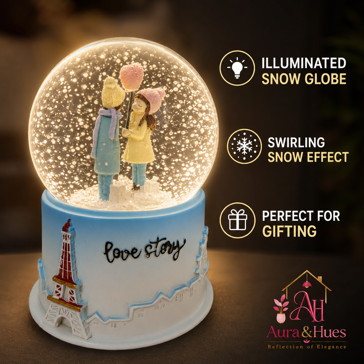 Love Story Snow Globe white background view