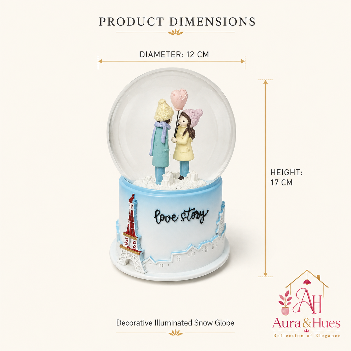 Love Story Snow Globe showpiece with couple figurine and heart balloon