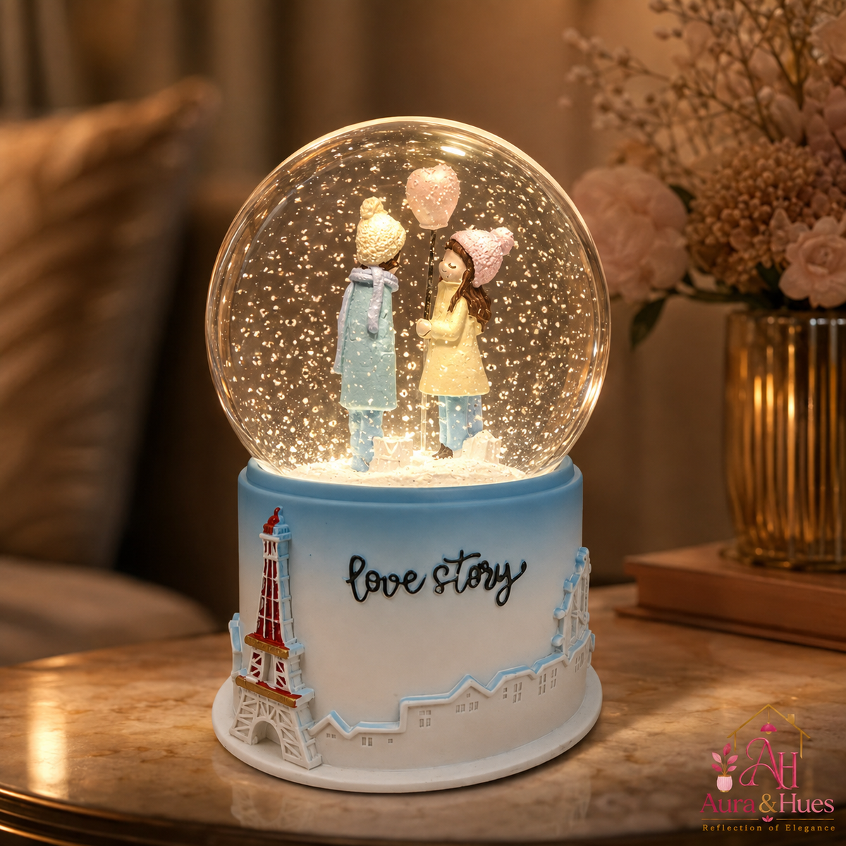 Love Story Snow Globe crafted with detail – sculpted finish and swirling snow