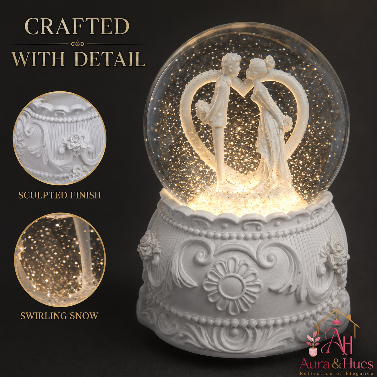 Wedding snow globe with LED glow and swirling snow – crafted with detail by Aura & Hues