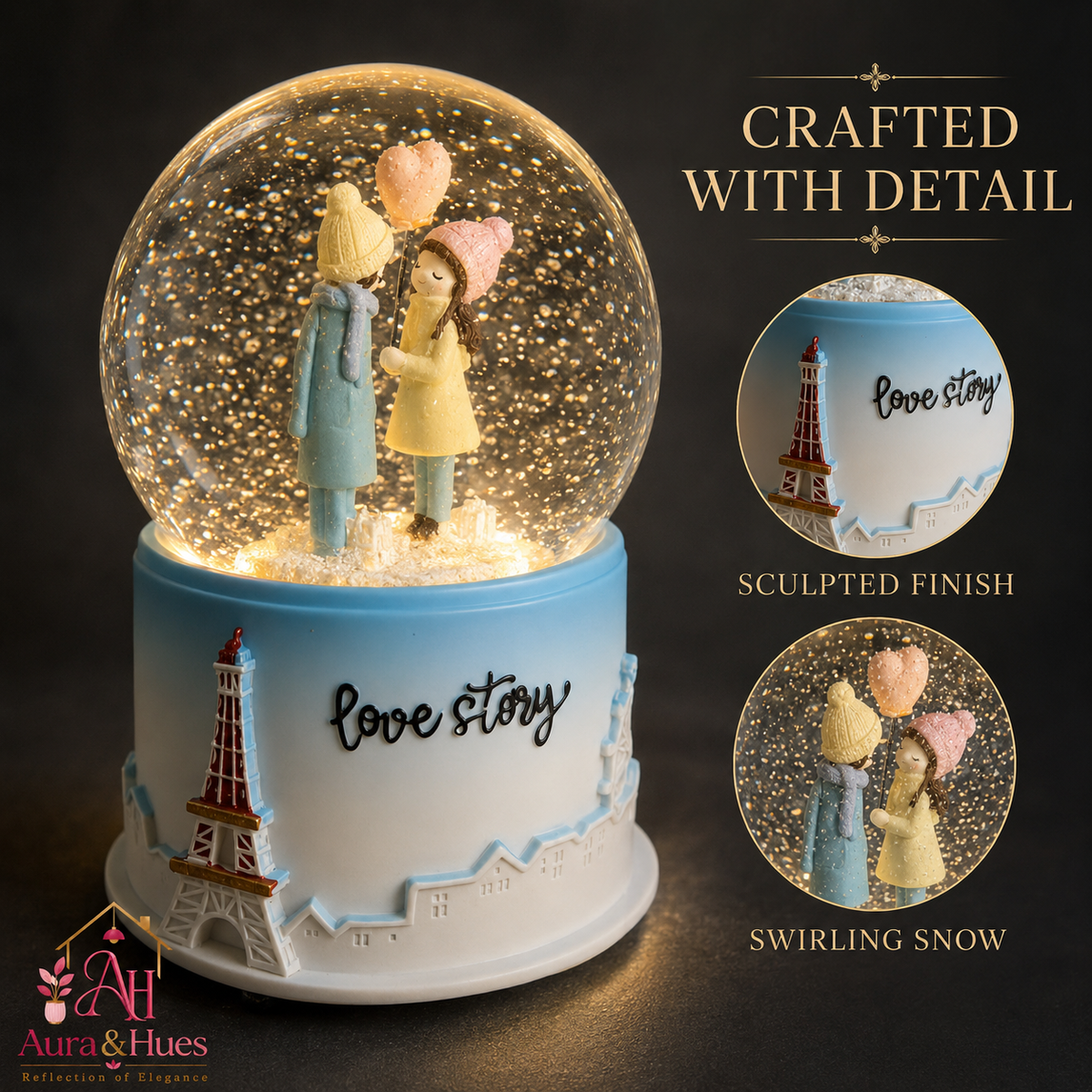 Love Story Snow Globe illuminated with swirling snow and sculpted finish