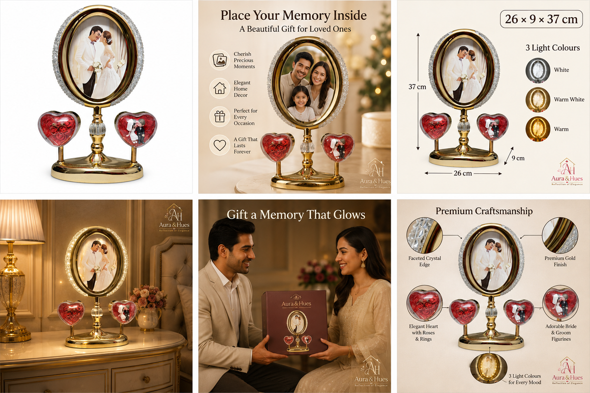Aura & Hues LED crystal photo frame with personalised family photo and heart accents glowing warm light