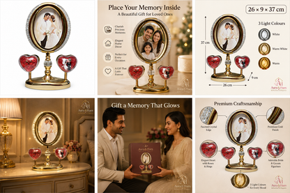 Aura & Hues LED crystal photo frame with personalised family photo and heart accents glowing warm light
