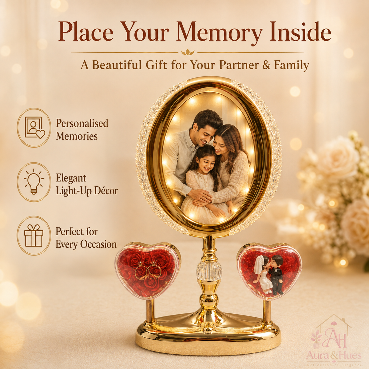 Aura & Hues LED crystal photo frame – dimensions, features, and light colour options infographic