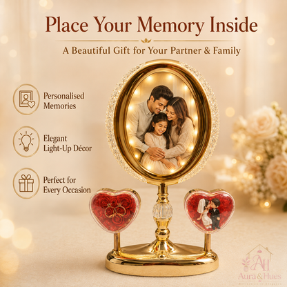 Aura & Hues LED crystal photo frame – dimensions, features, and light colour options infographic