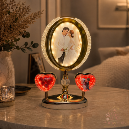 Premium craftsmanship details – faceted crystal rim, gold finish, rose heart and couple figurine