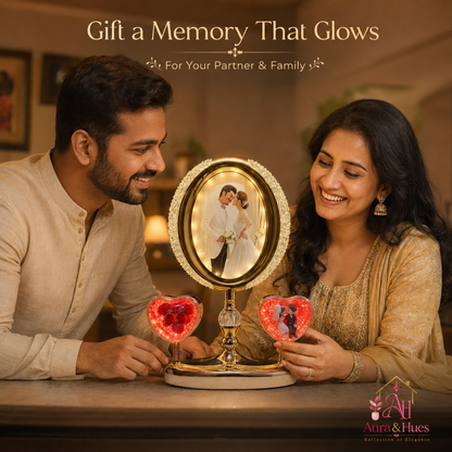 Aura & Hues LED crystal photo frame lit up on bedside table in warm light