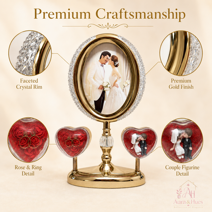 Indian couple admiring glowing Aura & Hues LED crystal photo frame with heart accents