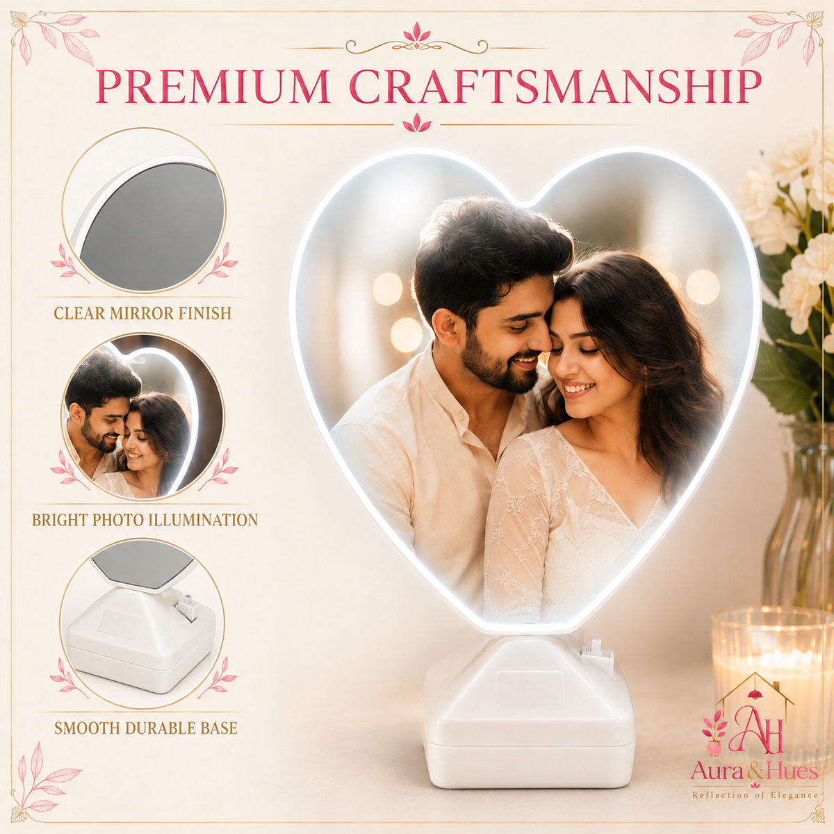 Heart Magic Mirror premium craftsmanship features - clear mirror finish, bright illumination, durable base