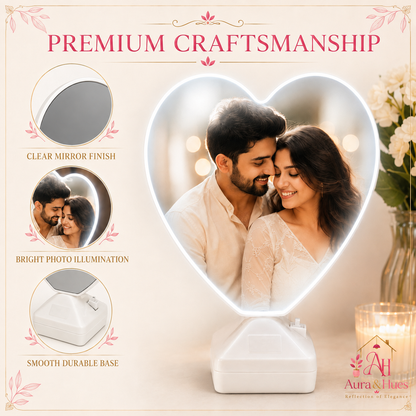 Heart Magic Mirror premium craftsmanship features - clear mirror finish, bright illumination, durable base