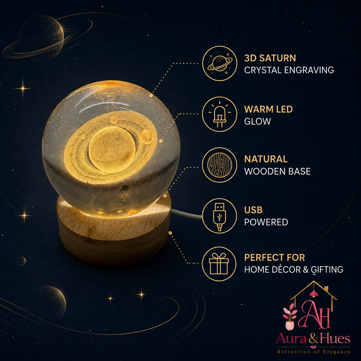 Saturn Crystal Globe on wooden table with plants