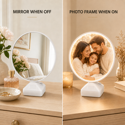 Round Magic Mirror illuminated photo frame glowing on bedside table