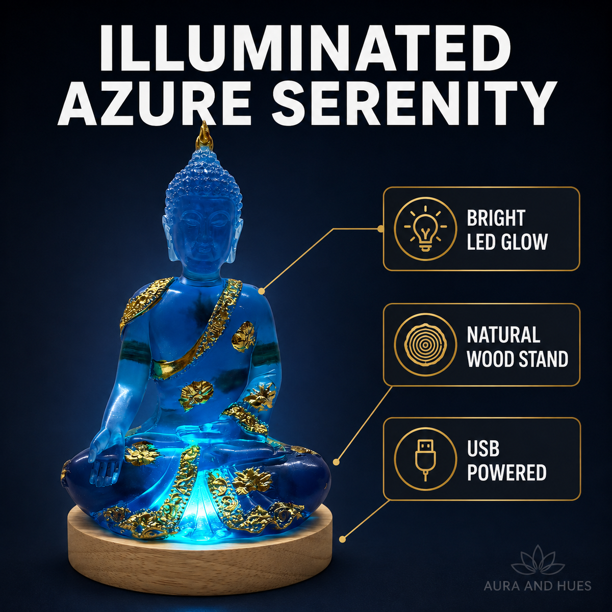 Close-up of Azure Serenity Buddha – crafted in radiant detail by Aura and Hues