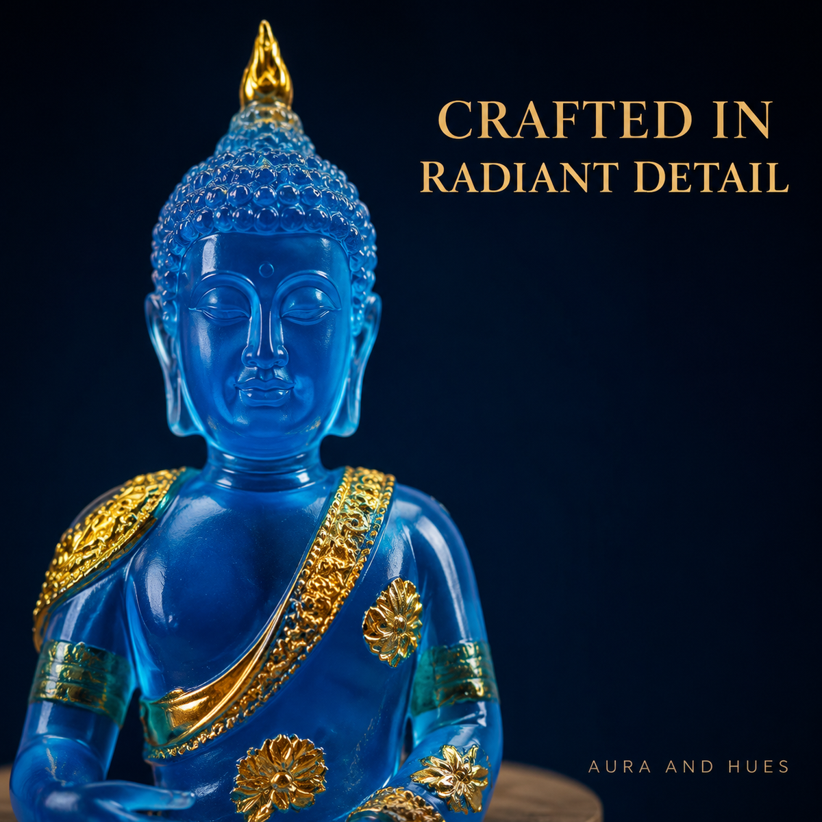 Azure Buddha statue glowing with warm LED light in a cosy home setting – Aura and Hues