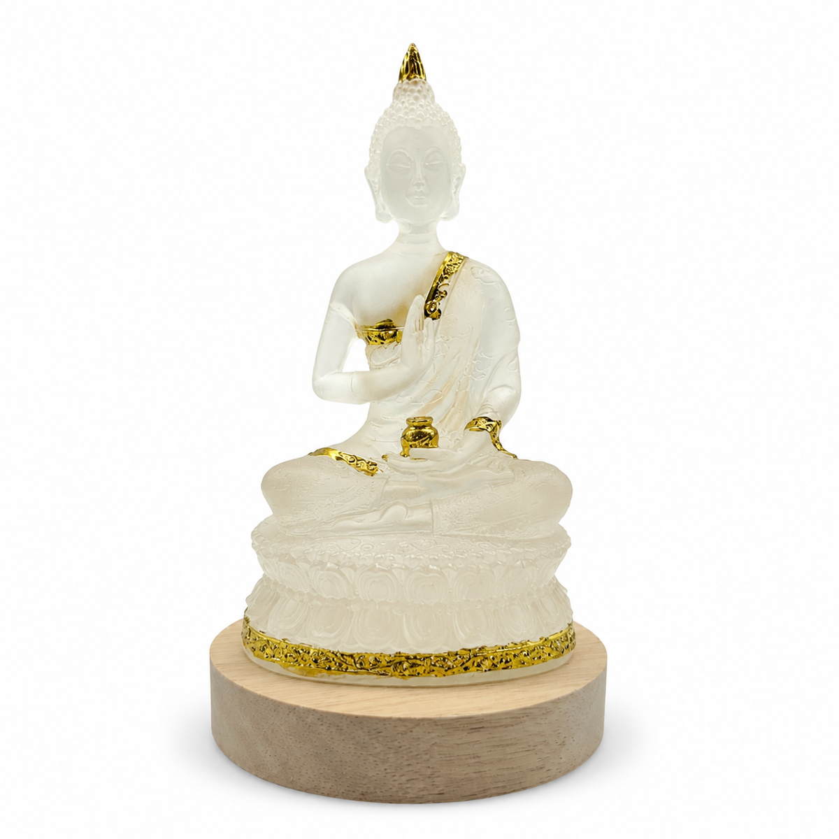 Aura & Hues LED Buddha statue - front view on natural wood base with gold accents