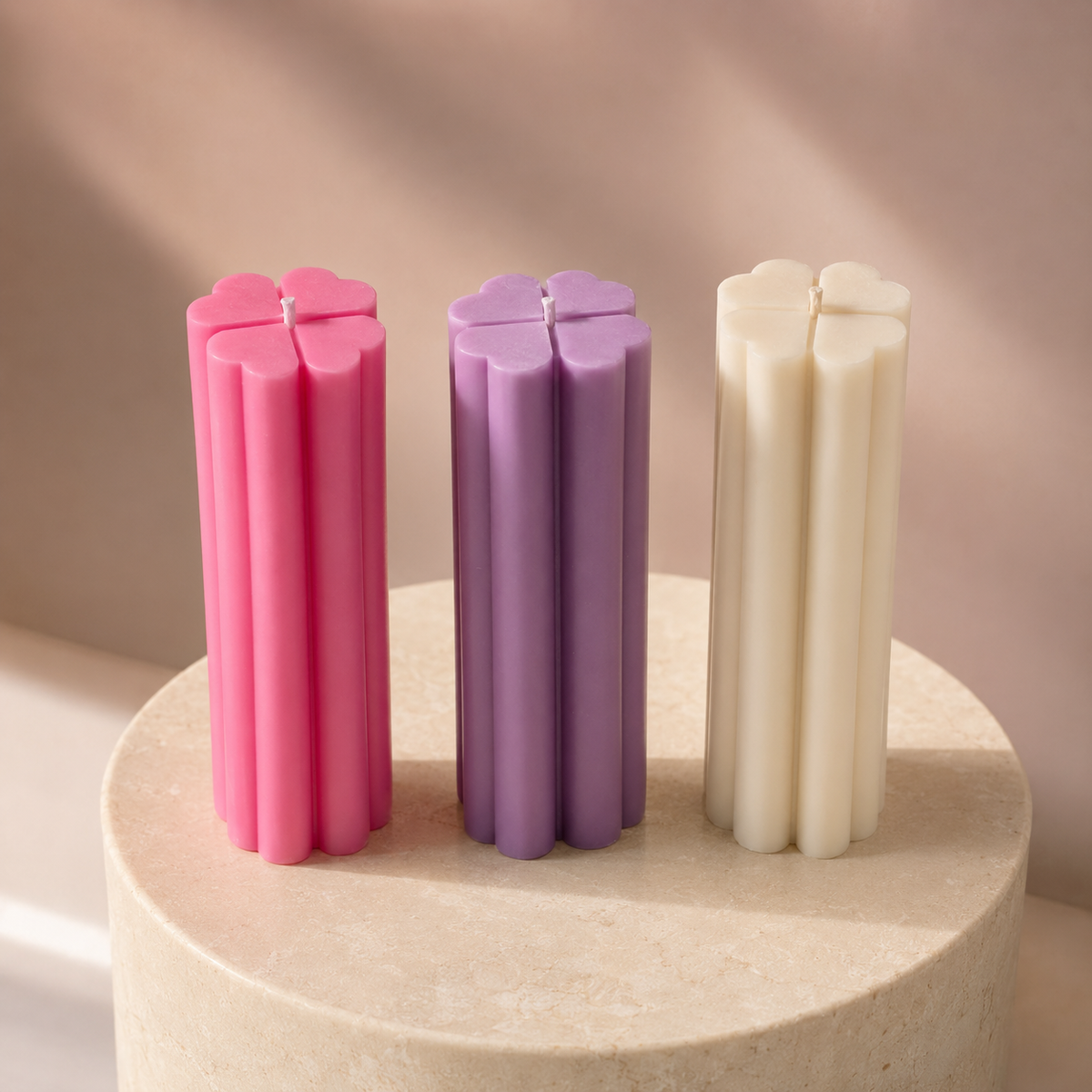 Heart Pillar Scented Candles, Set of 3 in Pink, Lavender & Cream, Sculpted Heart-Ribbed Design with Floral Fragrance for Home Décor, Anniversary & Festive Gifting