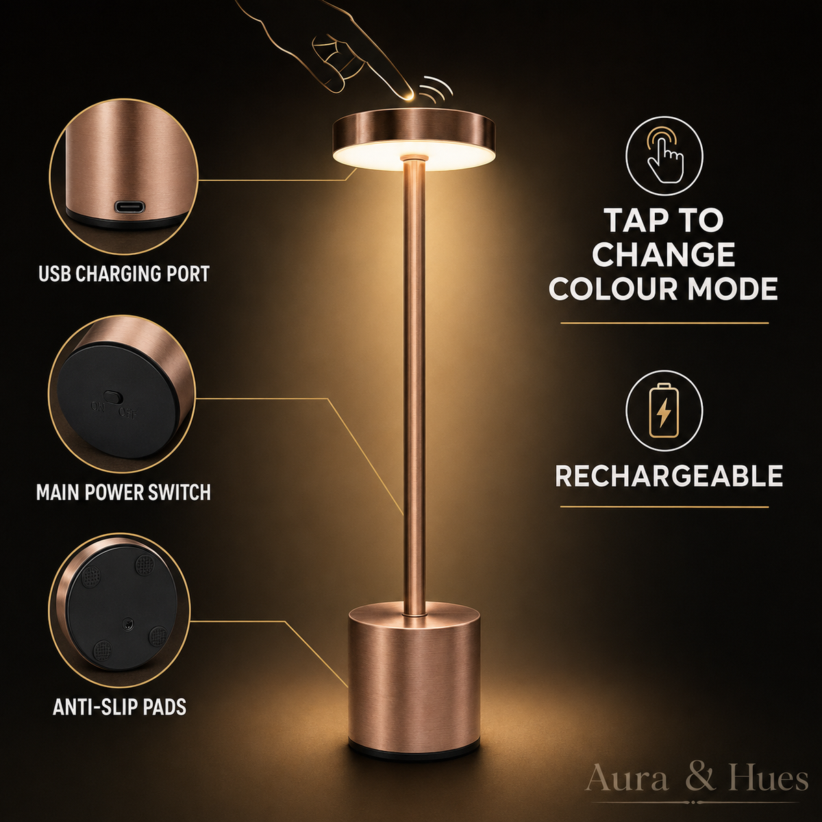Aura & Hues Table Lamp – 3 colour modes: White Light, Warm White Light, Warm Light
