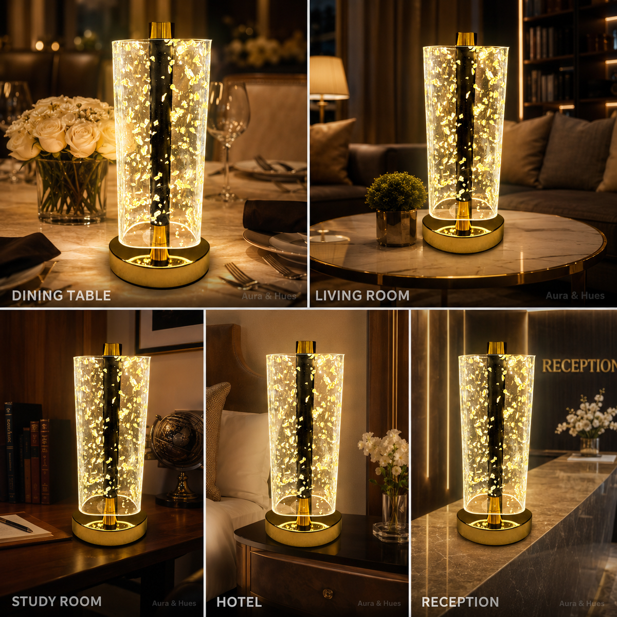 Table Lamp – lifestyle shots in dining room, living room, study, hotel, reception
