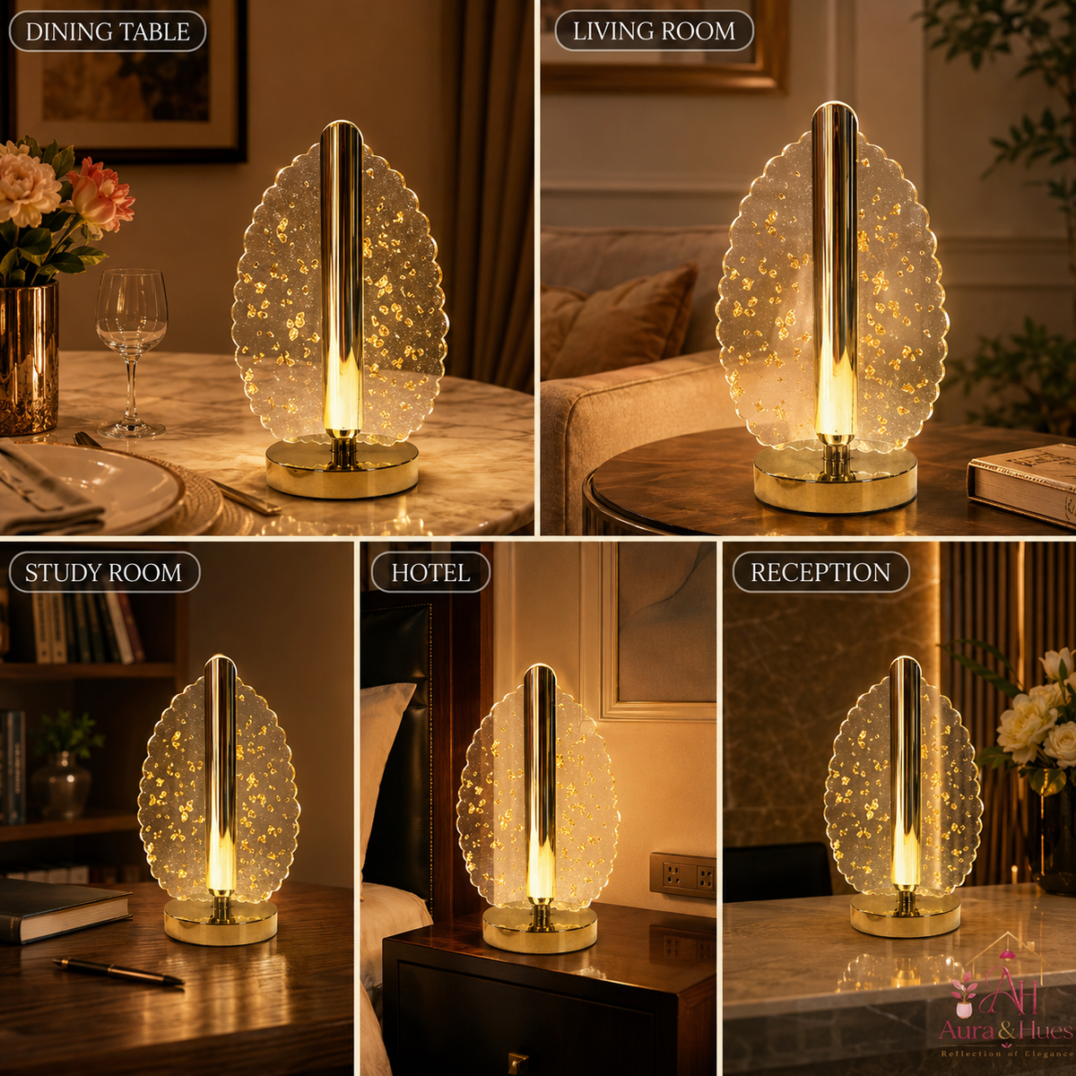 Aura & Hues Gold Leaf Table Lamp – product collage with features and dimensions