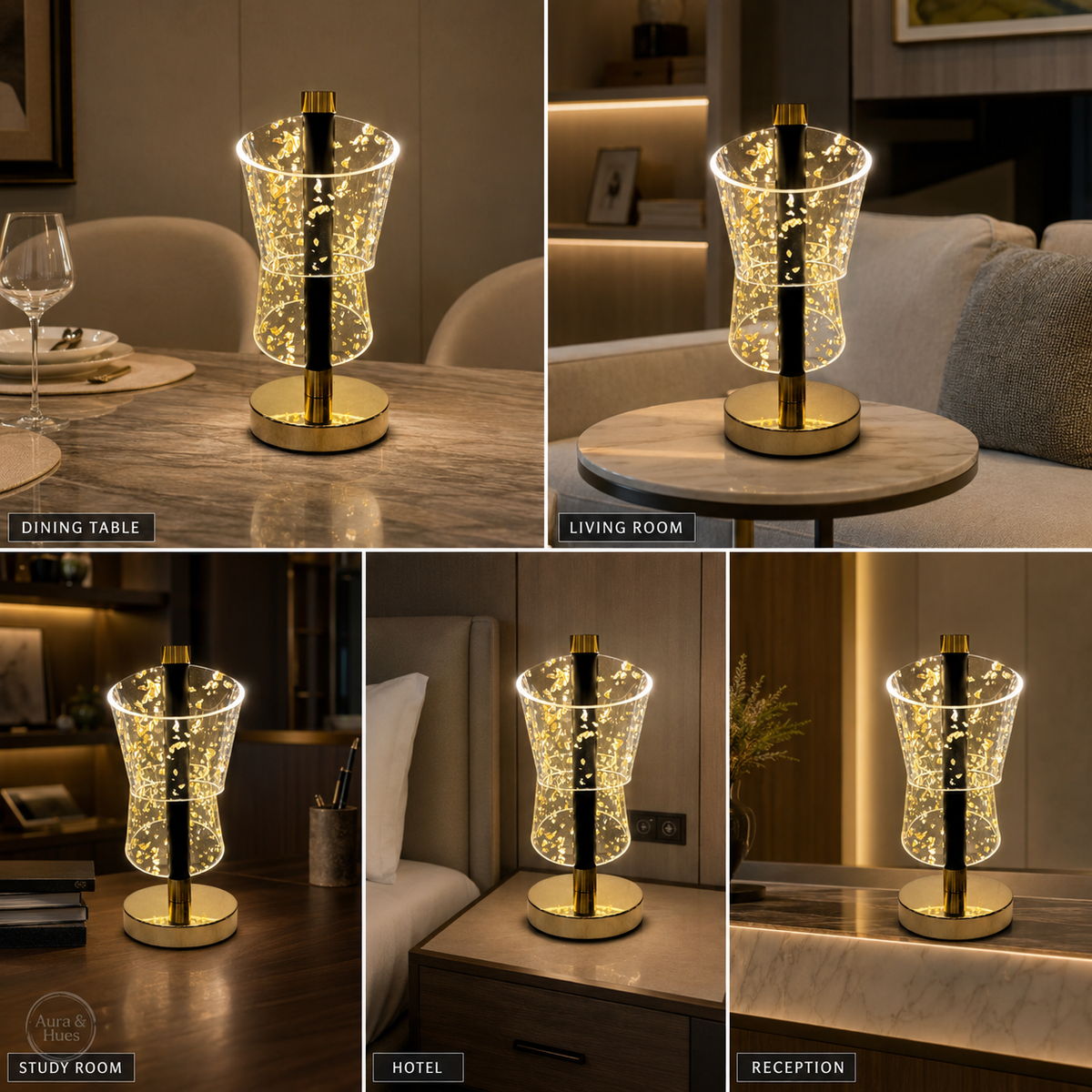 Gold Foil Crystal Table Lamp – Lifestyle: Dining, Living Room, Study, Hotel, Reception