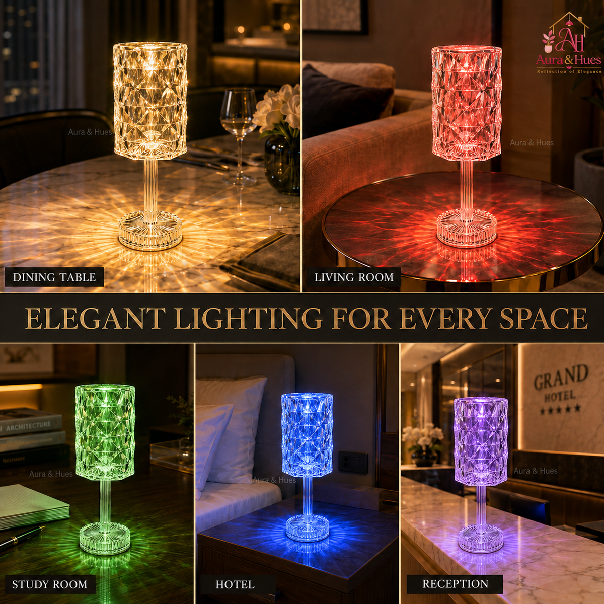 Rainbow Colour Crystal Table Lamp - colour modes