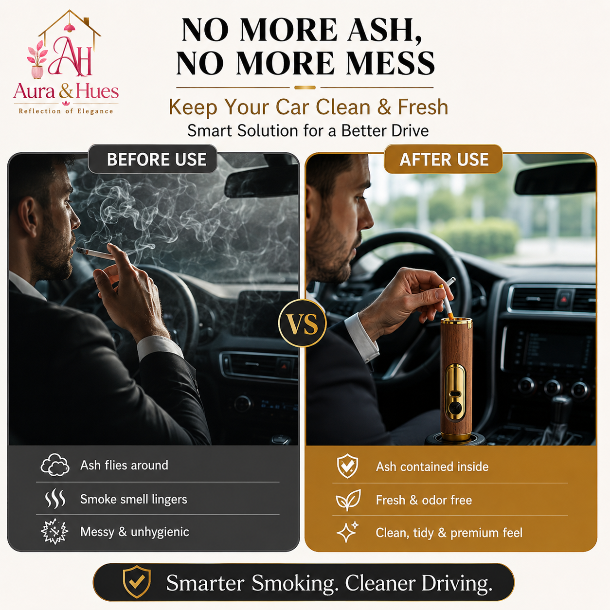 Aura & Hues Portable Ashtray with Built-in Cigarette Lighter