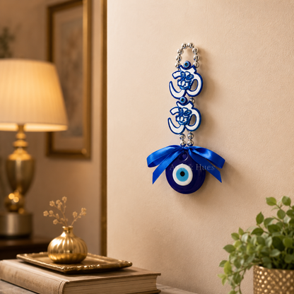 Evil Eye Om Wall Hanging with Blue Ribbon – Small