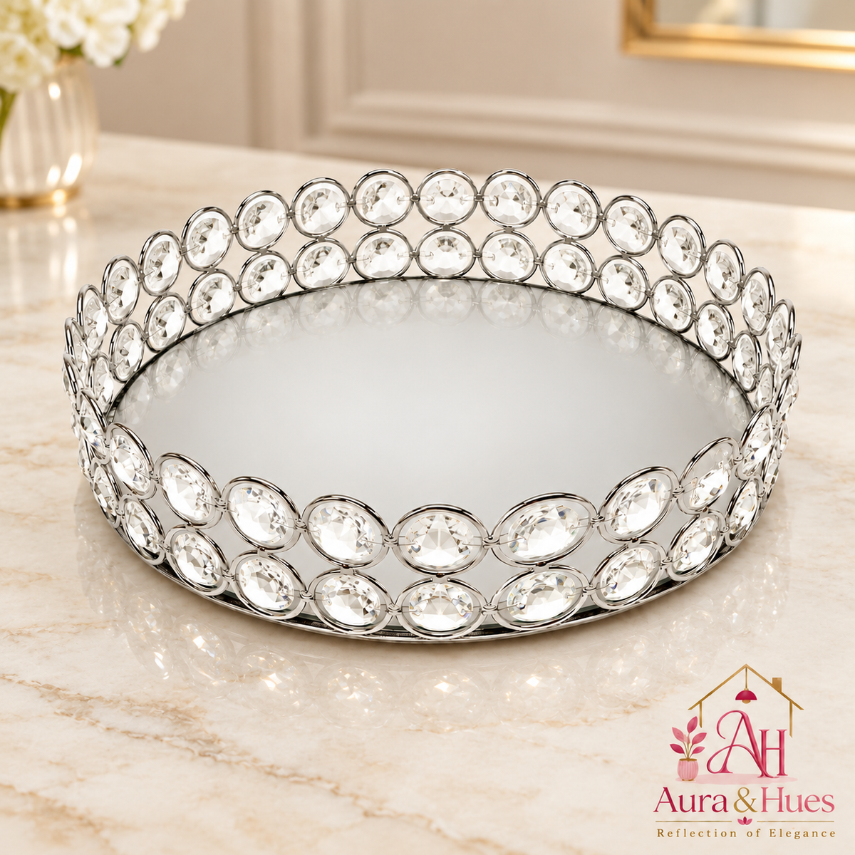 Aura & Hues Celestia Crystal Mirror Tray Round Silver Decorative Vanity Tray with Faceted Crystals for Perfumes, Candles, and Tabletop Decor