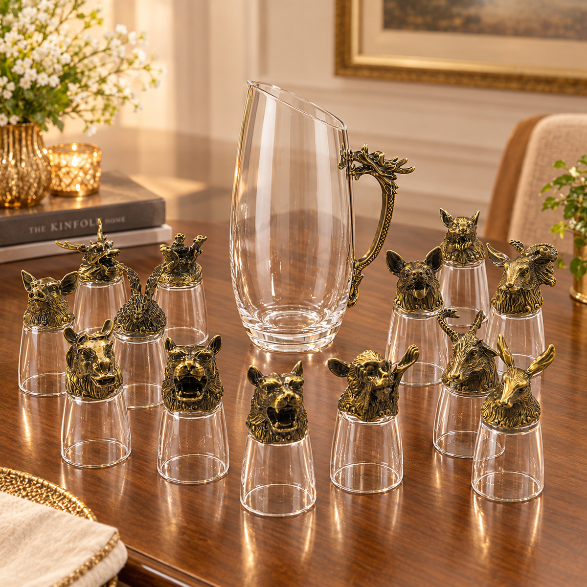 Aura & Hues Royal Antique Golden Shot Glasses Set with Serving Jar Decanter and Display Stand for Luxury Barware and Gifting