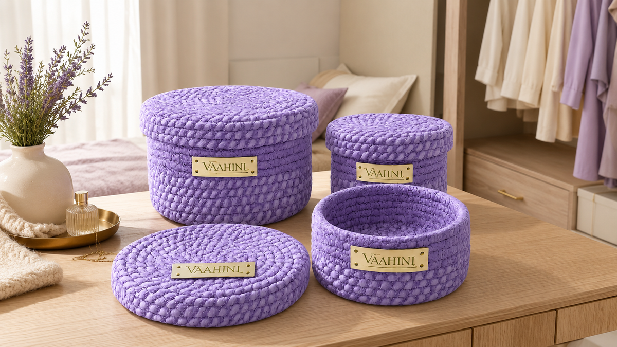Vaahini Cotton Rope Combo Pack Storage Baskets with Lid - Purple