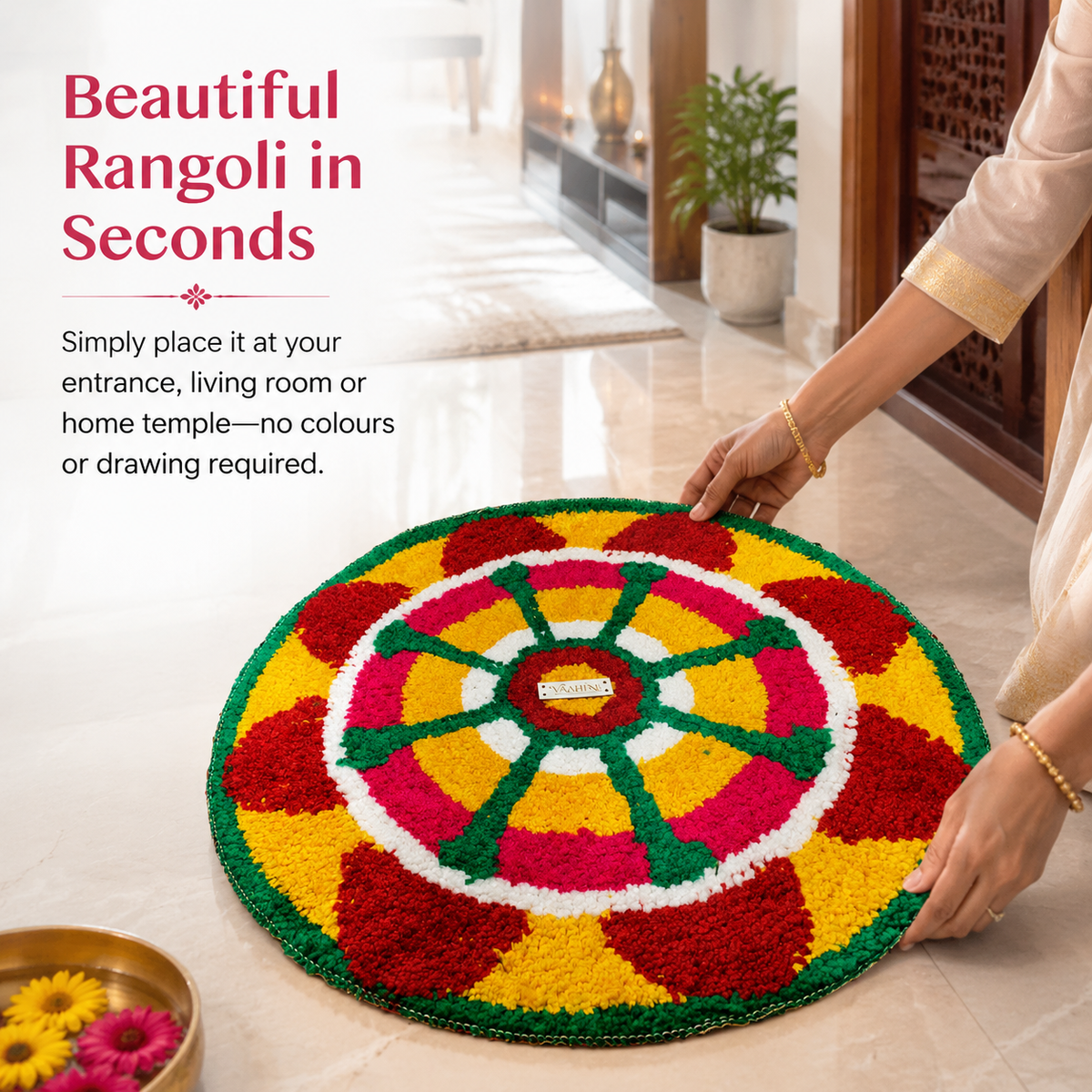 Traditional Multicoloured Rangoli Mat – 56x56 cm Wheel Design VH-24(a)