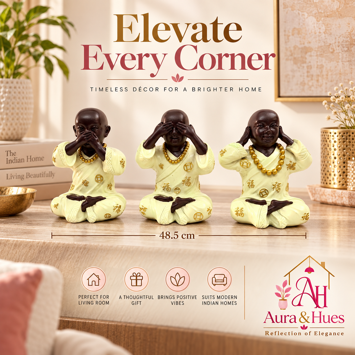 Three meditating monk figurines in dark brown, cream and gold on white background
