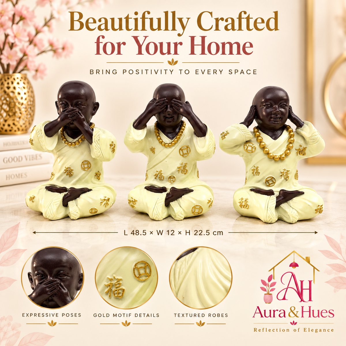 Three wise monks with decorative details and dimensions