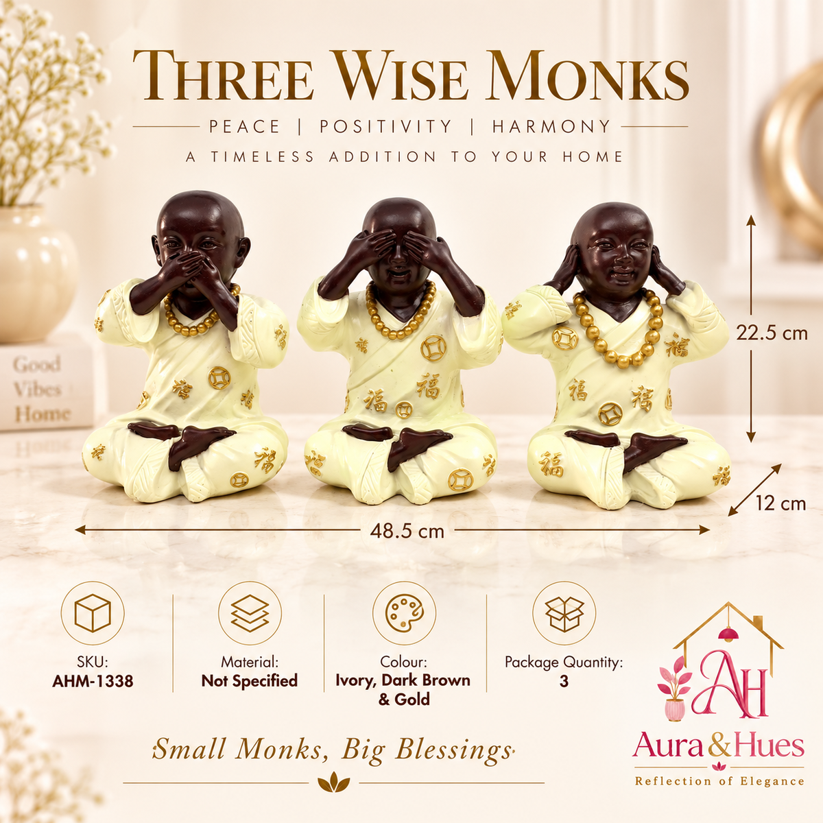 Three wise monk figurines styled on a home console