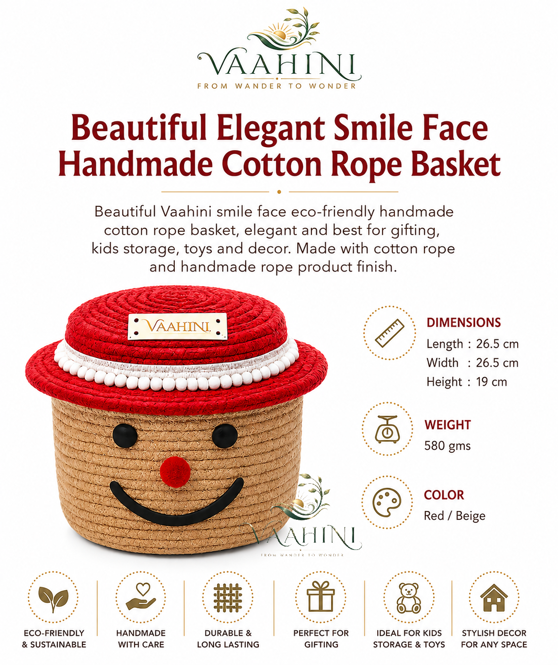 Vaahini Cotton Rope Smile Face Basket with lid