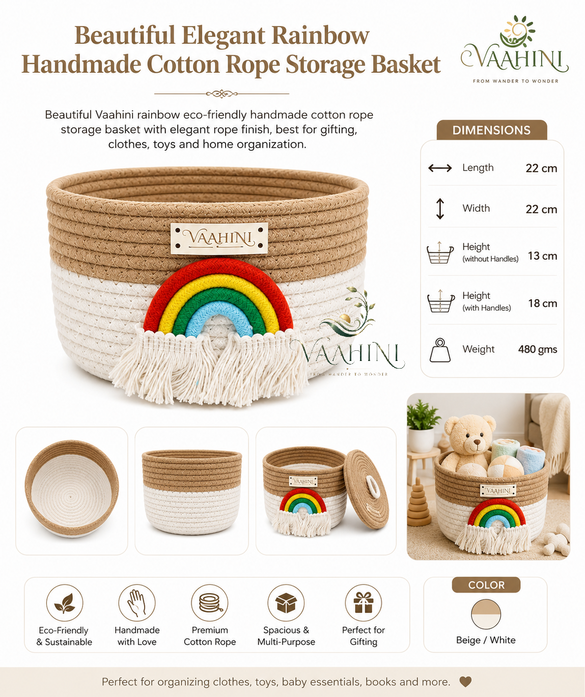 Vaahini Rainbow Cotton Rope Basket - With Lid