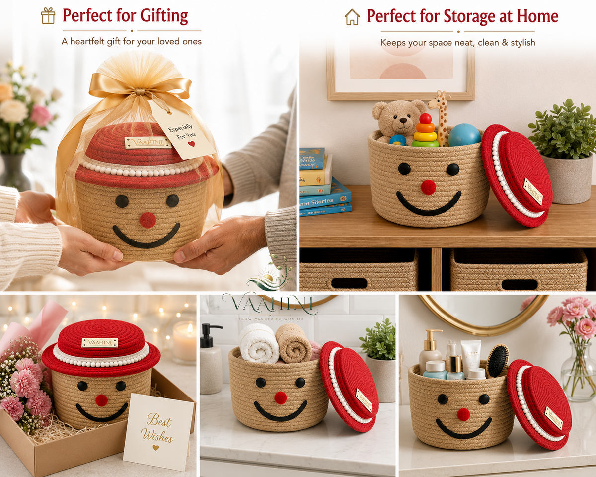 Vaahini Cotton Rope Smile Face Basket with lid