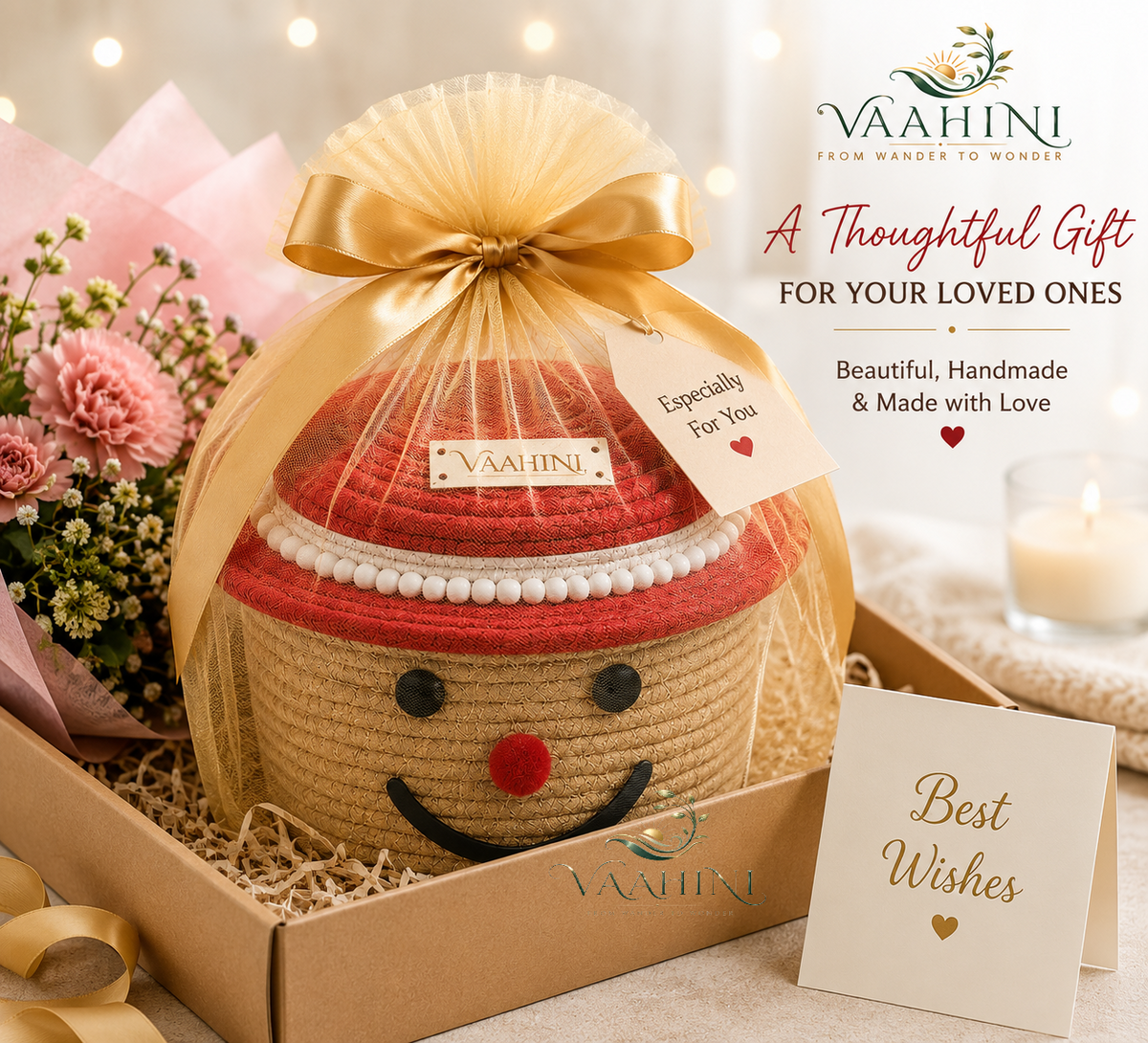Vaahini Cotton Rope Smile Face Basket with lid