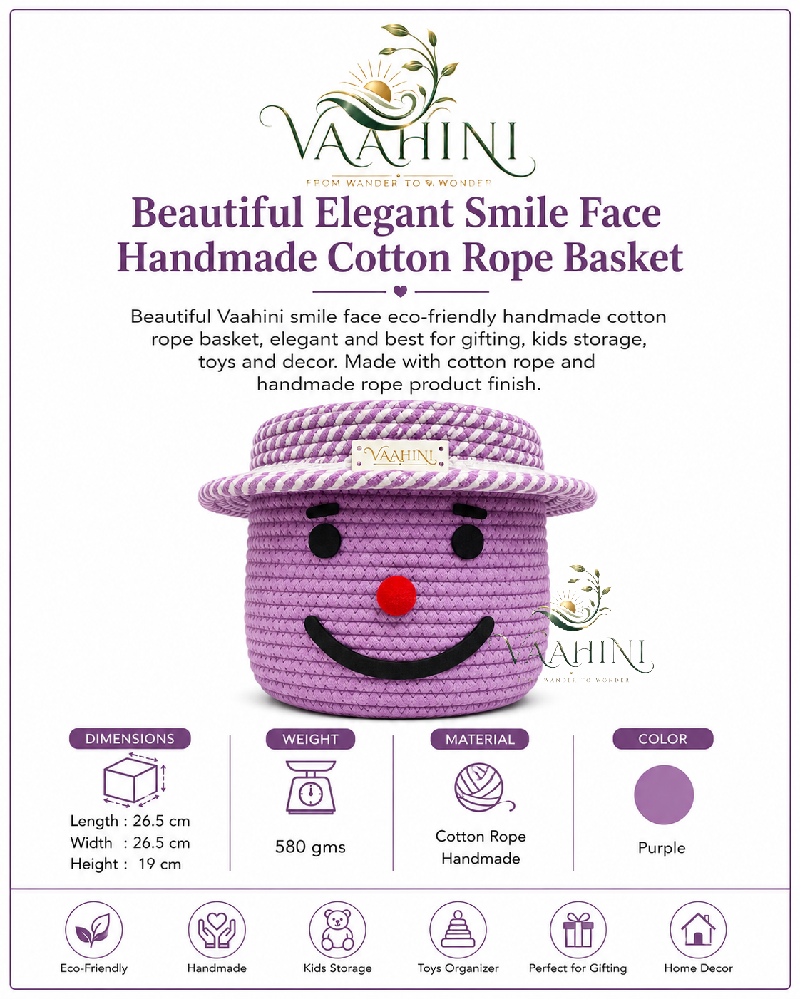 Vaahini Cotton Rope Smile Face Basket with lid