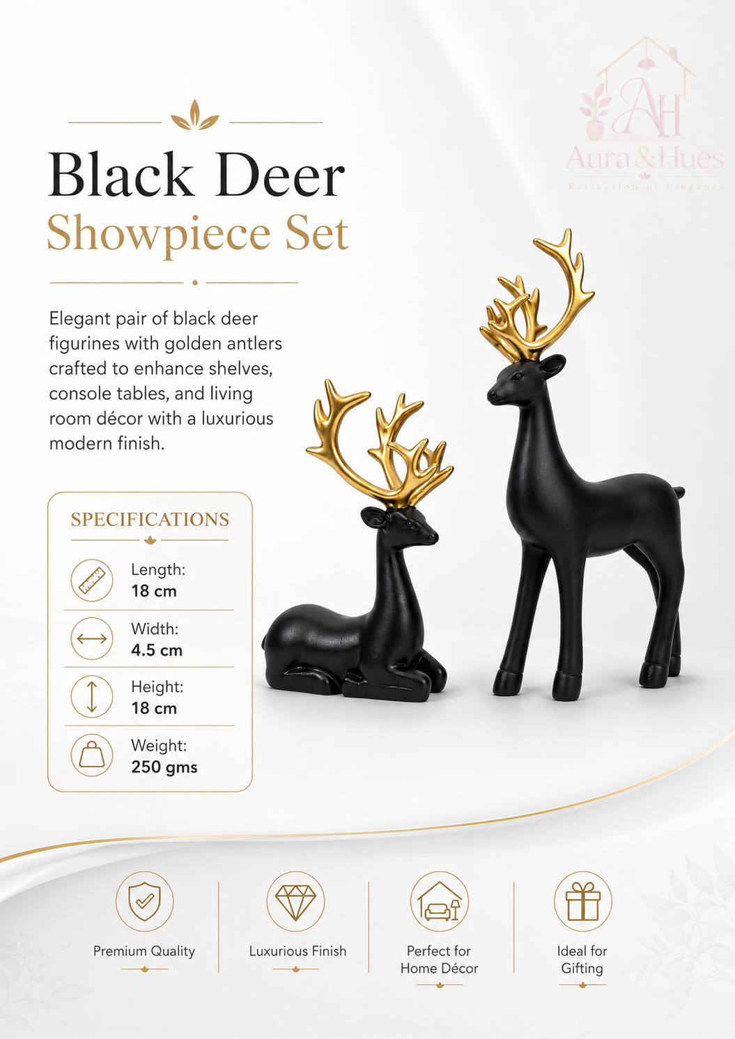 Luxury Black Deer Pair Showpiece Set, Premium Resin Deer Figurines with Golden Antlers