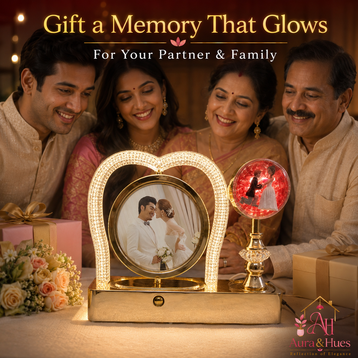 Crystal heart rotating photo frame with illuminated globe light - warm glow ambiance