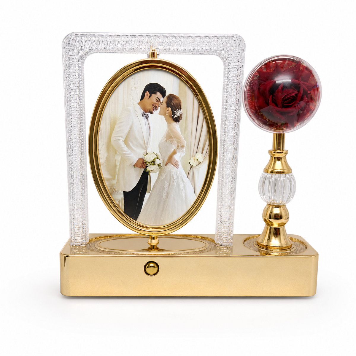 AS-50 gold crystal photo frame with rotating oval frame and red rose globe on white background