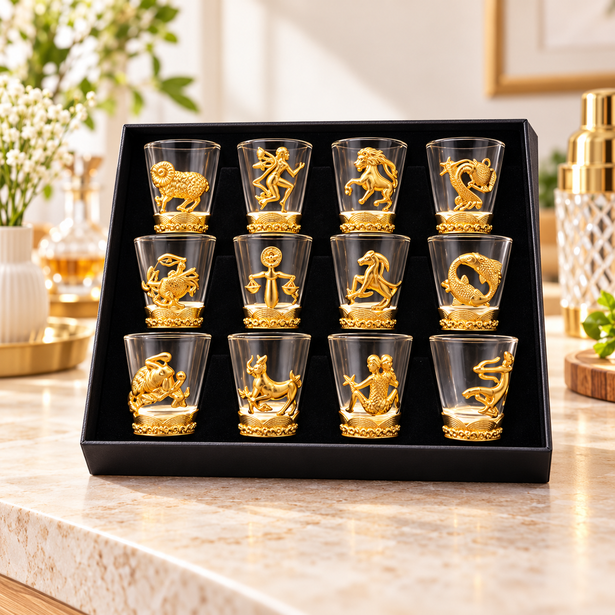 Aura & Hues 12-Piece Zodiac Sign Golden Shot Glass Set with Luxury Gift Box - 40ml